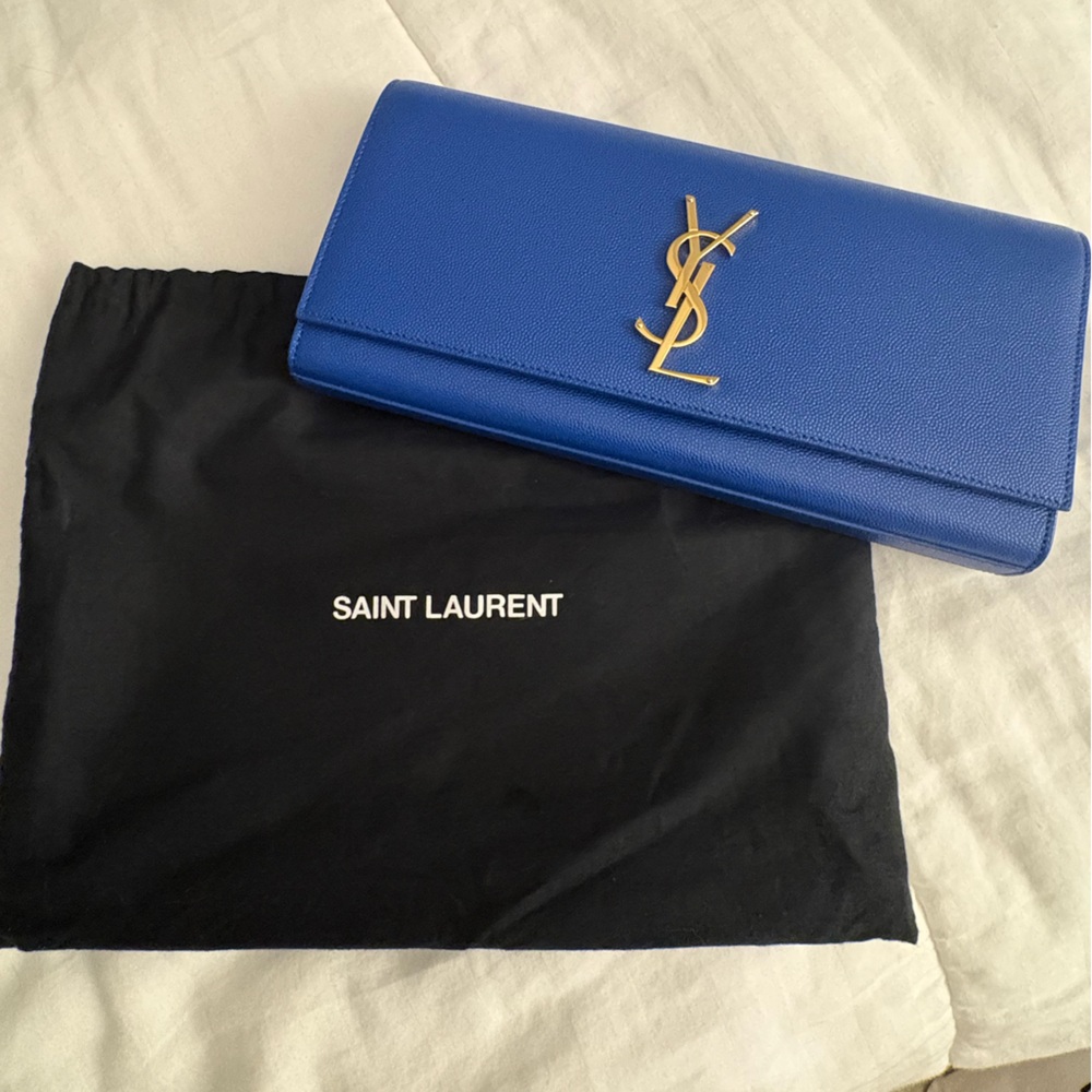 Saint Laurent Blue Leather with Gold YSL monogram clutch